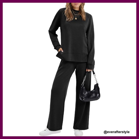 Mock Neck Lounge Set Side Slit Tracksuit Wide Leg Sweatsuit Minimal Chic